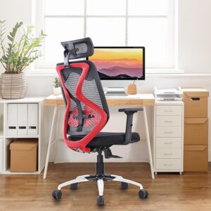 A foldable red and black ergonomic office chair with a footrest, positioned in a modern office room.