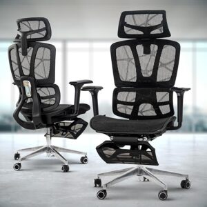 Two foldable black office chairs with mesh backrests and footrests, designed for ergonomic comfort and space-saving convenience.