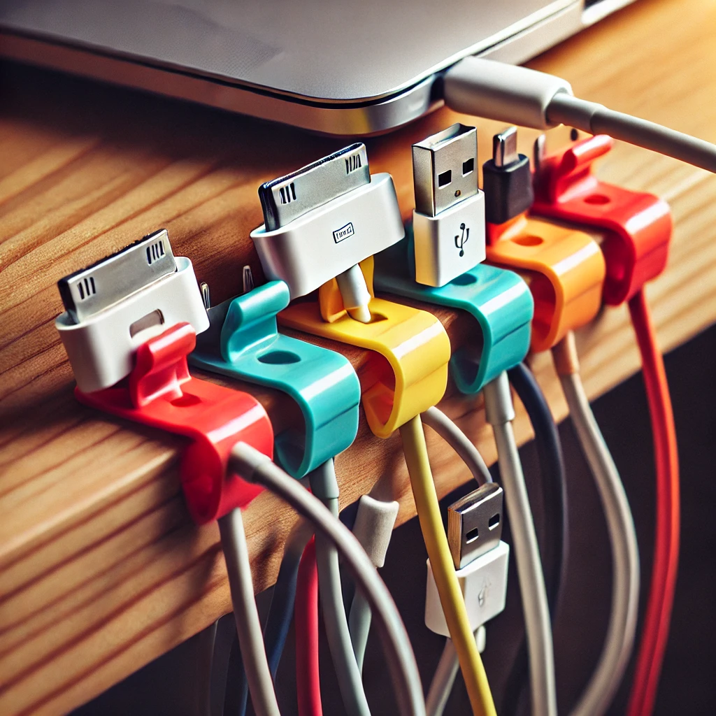 Colorful cable clips organizing various charging cords on the edge of a wooden desk. Cables include USB, lightning, and other connectors plugged into a laptop. Clips are red, blue, yellow, and orange, keeping cords neat and accessible.