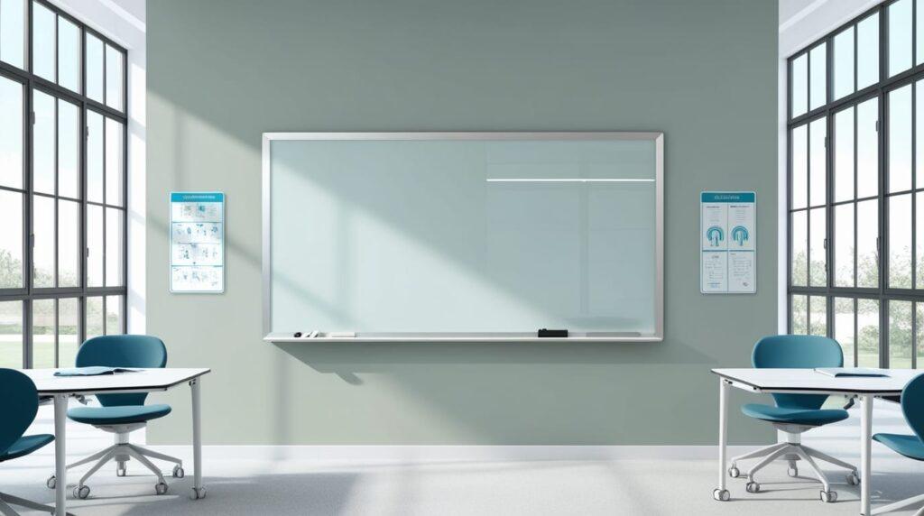 A classroom featuring a whiteboard and blue chairs, designed for an engaging learning environment..|homesweetplace.com