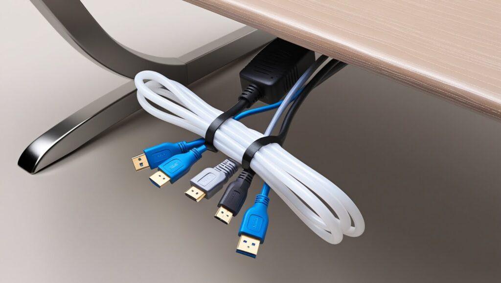 A neat arrangement of various USB cables bundled with a cable organizer under a modern wooden desk. The bundle includes multiple blue, a white, and a black USB cable, all securely fastened with black cable ties to keep the workspace tidy.