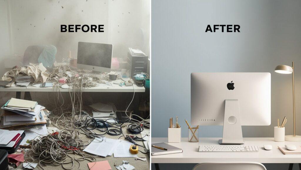 A split image has two halves labeled "Before" and "After." The "Before" side shows a cluttered desk with tangled cables, papers, and a dusty computer screen. The "After" side displays a clean, organized desk with a sleek computer, a lamp, and minimal stationery.