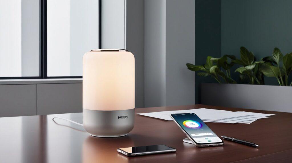 A modern smart lamp emits a soft, warm glow while sitting on a wooden desk next to a smartphone displaying a color wheel app. Nearby are a notebook, a pen, and some papers. In the background, there are large windows and potted plants.