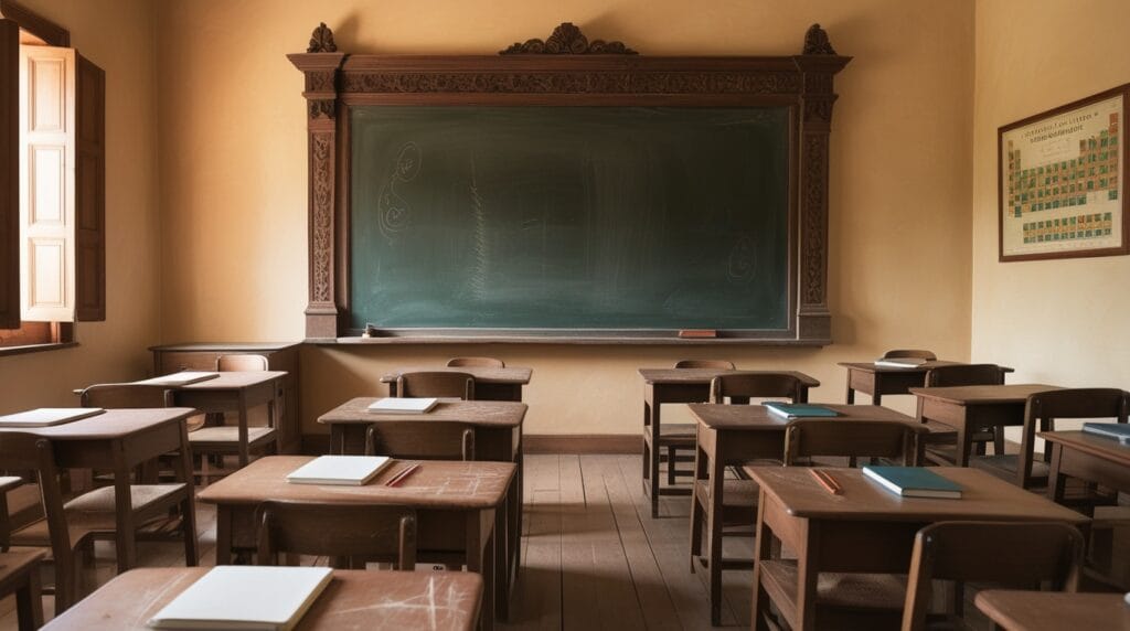 An empty classroom featuring wooden desks and a chalkboard, ideal for learning environments. Boards for Schools..|homesweetplace.com