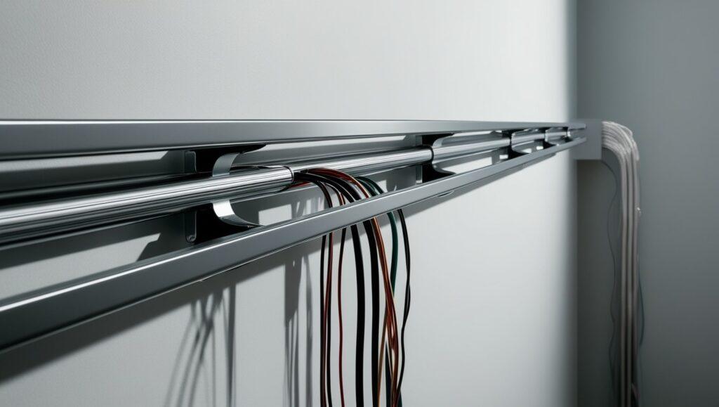 A metal cable management system is mounted on a white wall. Several cables of different colors, including red, brown, green, and black, are neatly organized within the system and emerge from it. The setup appears minimalist and tidy.