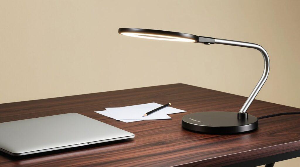 A modern black desk lamp with a curved neck is turned on, illuminating a wooden desk. On the desk are an open laptop, a couple of sheets of white paper, and a pencil. The background features a plain beige wall.