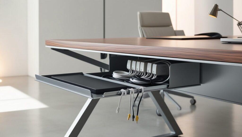 A modern office desk with a sleek wooden surface has a drawer pulled out, revealing neatly organized charging cables and adapters. The desk has a contemporary design with metal legs. An office chair is placed behind the desk, and a desk lamp is visible in the background.