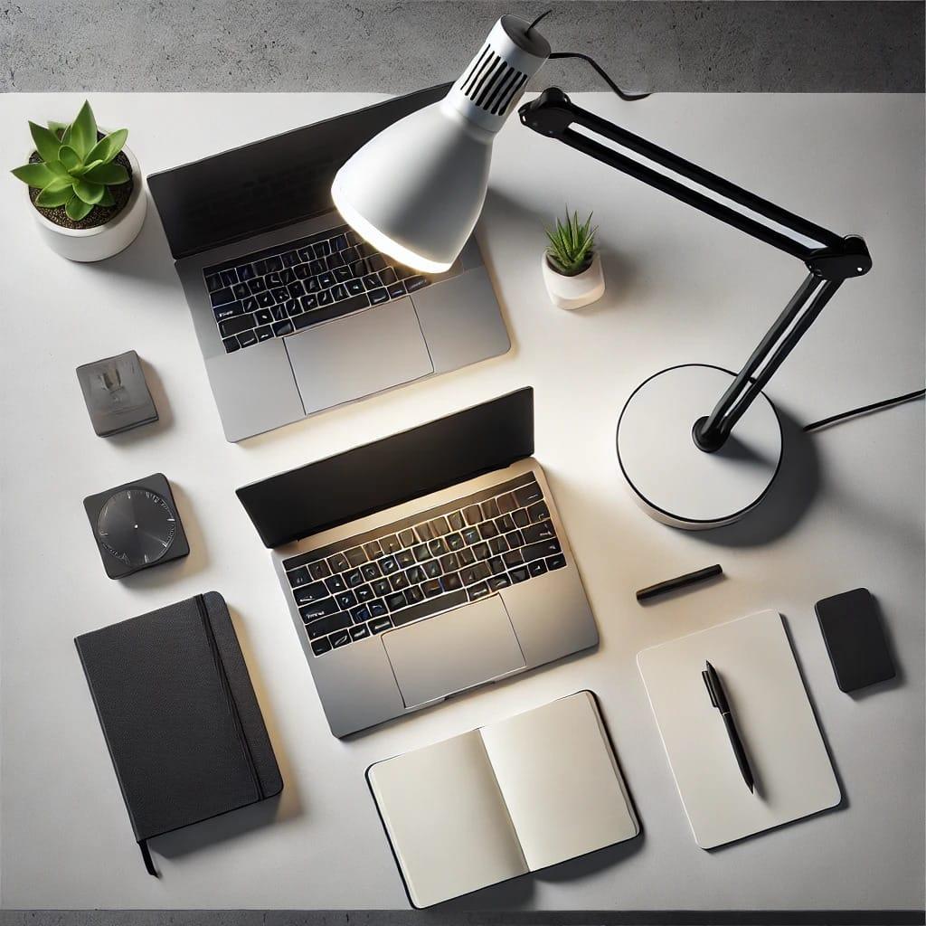 A neatly organized desk features two open laptops, an LED desk lamp with a rotating mount, a notebook, a pen, a smartphone, a clock, and three small potted plants.