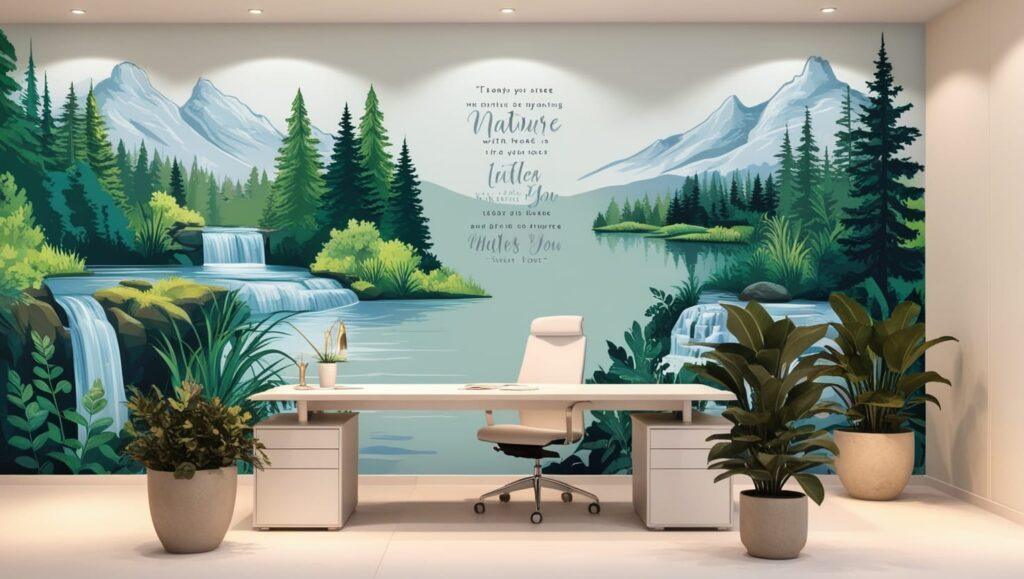 Office with a large nature-themed mural featuring mountains, trees, and waterfalls behind a white desk and two potted plants—perfect inspiration for home office ideas in a rental.| homesweetplace.com