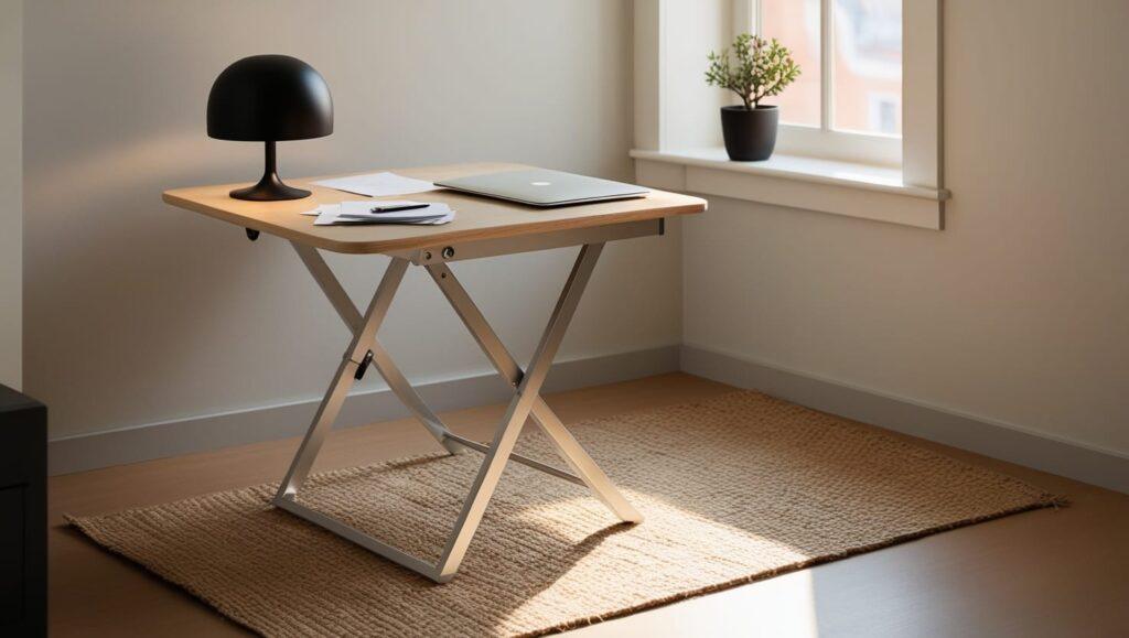 A minimal home office setup for a rental features a wooden folding desk with a laptop, papers, lamp, and a small plant by the window on a woven rug.|homesweetplace.com