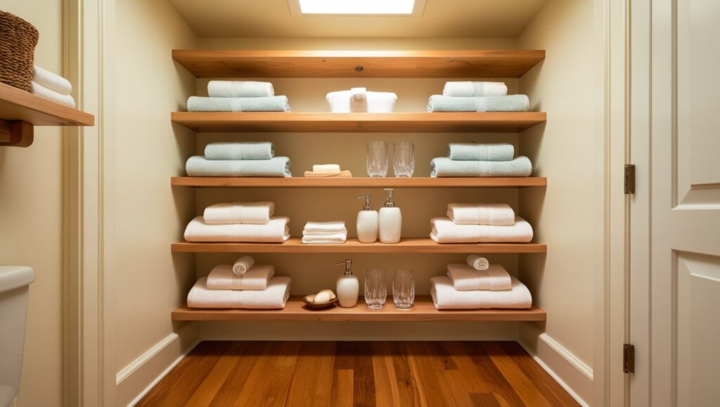 A bathroom scene showcasing shelves filled with colorful towels, enhancing the space's functionality and aesthetics.