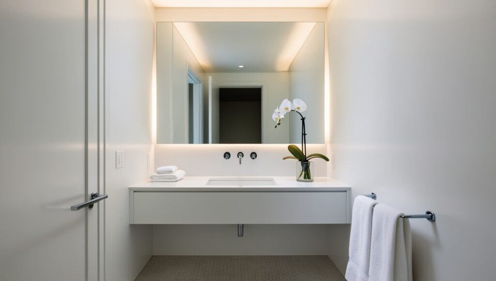 A clean bathroom featuring a white sink and a mirror, reflecting a bright and tidy atmosphere.