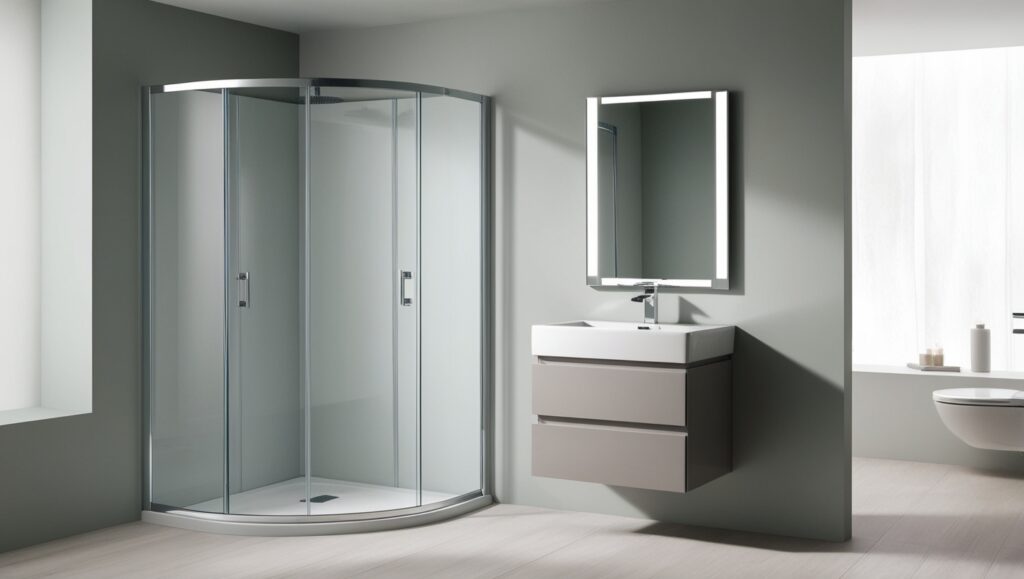 A contemporary bathroom featuring a sleek shower, elegant sink, and modern toilet in a stylish design.