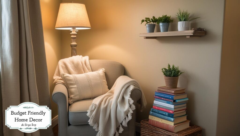 A cozy chair adorned with a soft blanket and stacked books, perfect for budget friendly home decor.