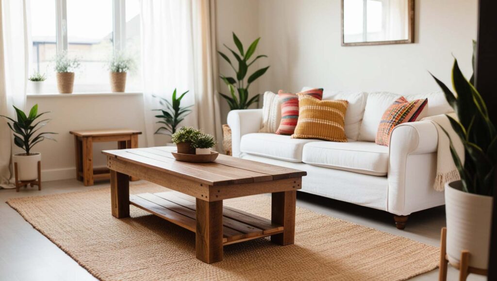 A cozy living room featuring a white couch and a wooden table, showcasing budget friendly home decor ideas.