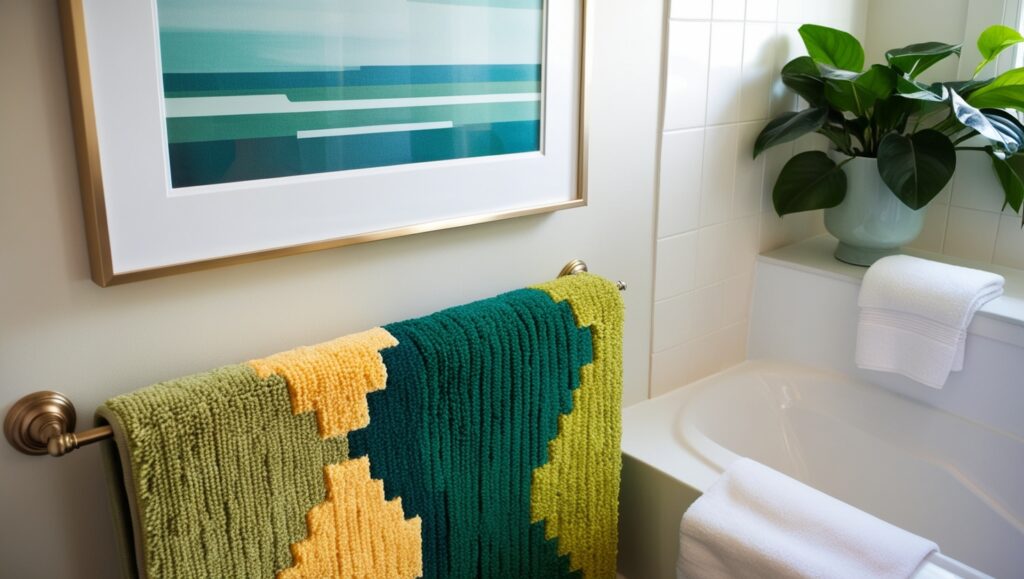 A green and yellow towel hangs on a bathroom wall, contributing a splash of color to the interior design.