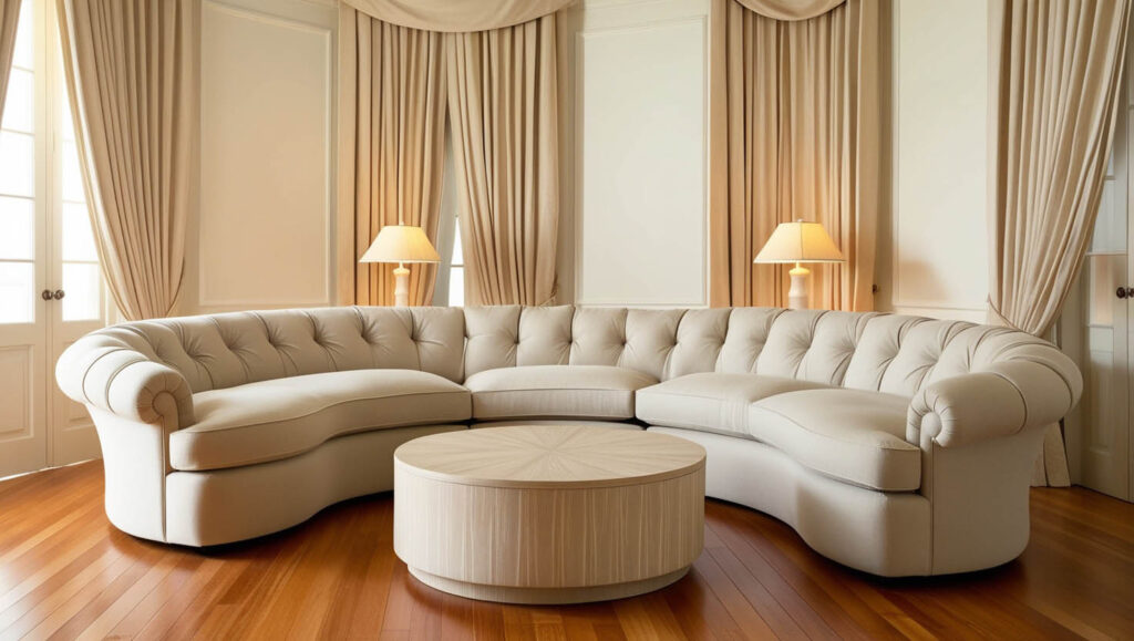 A large white couch in a modern room, complemented by chic curtains, showcasing the latest home design trends for 2024.