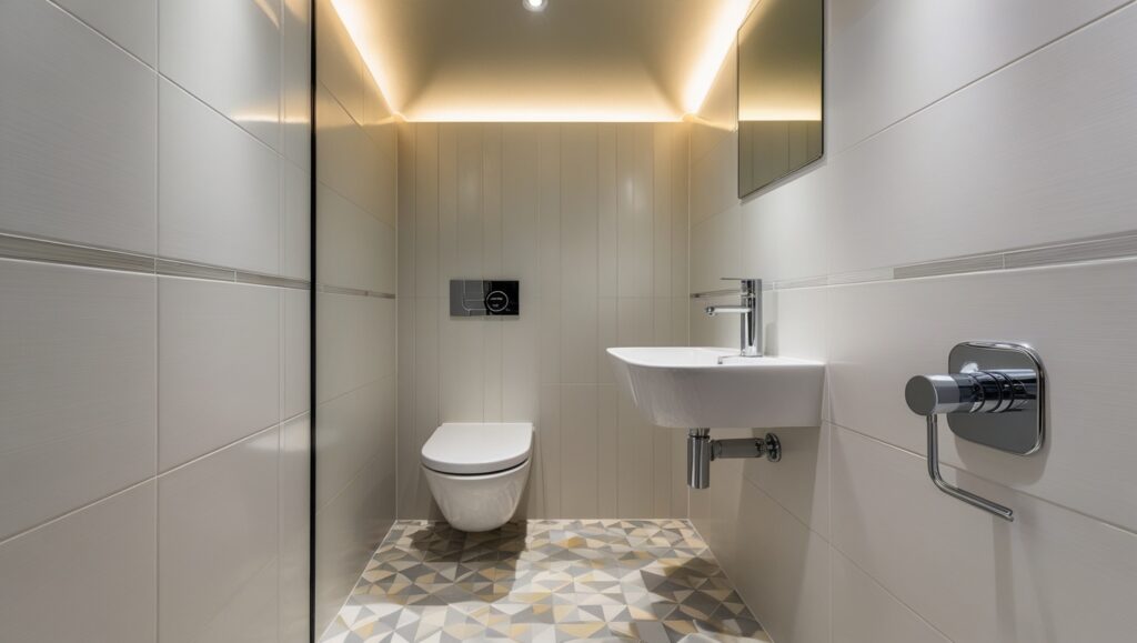 A modern bathroom interior displaying a toilet and sink, emphasizing clean lines and contemporary aesthetics.