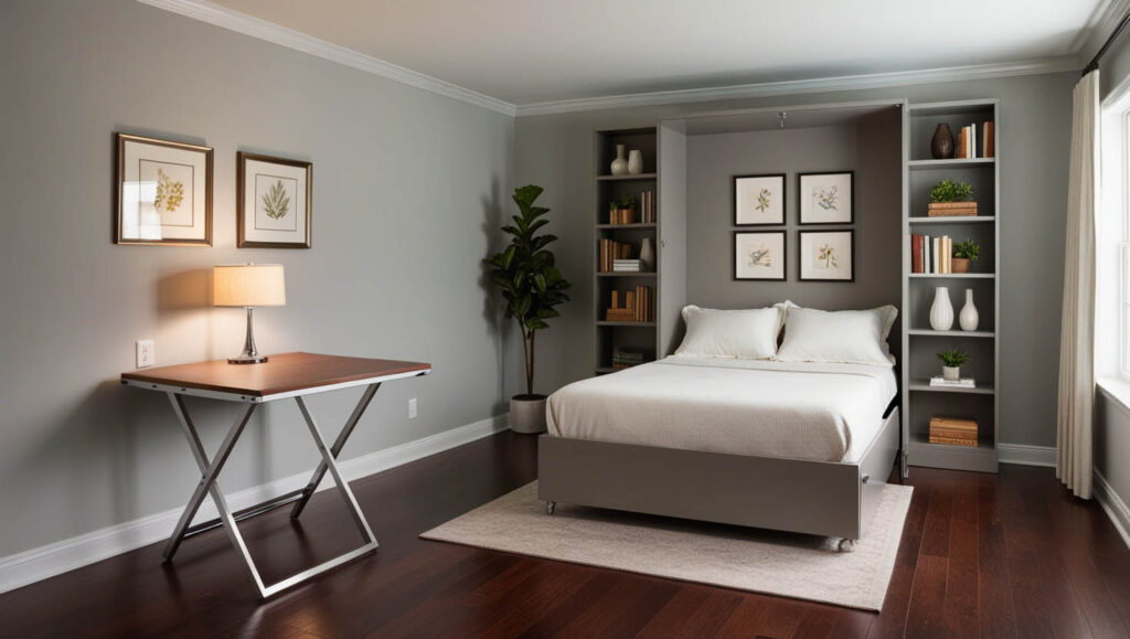 A modern bedroom featuring a stylish bed, a sleek desk, and organized bookshelves, reflecting 2024 home design trends.