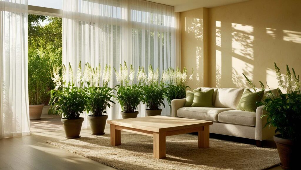 A modern living room featuring a stylish couch, coffee table, and vibrant plants, reflecting 2024 home design trends.