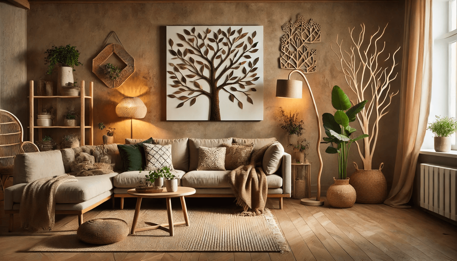 DALL·E 2024 11 12 22.08.39   A cozy, stylish living room interior with nature inspired tree home decor. There’s a large tree wall art on the main wall, a tree branch floor lamp be