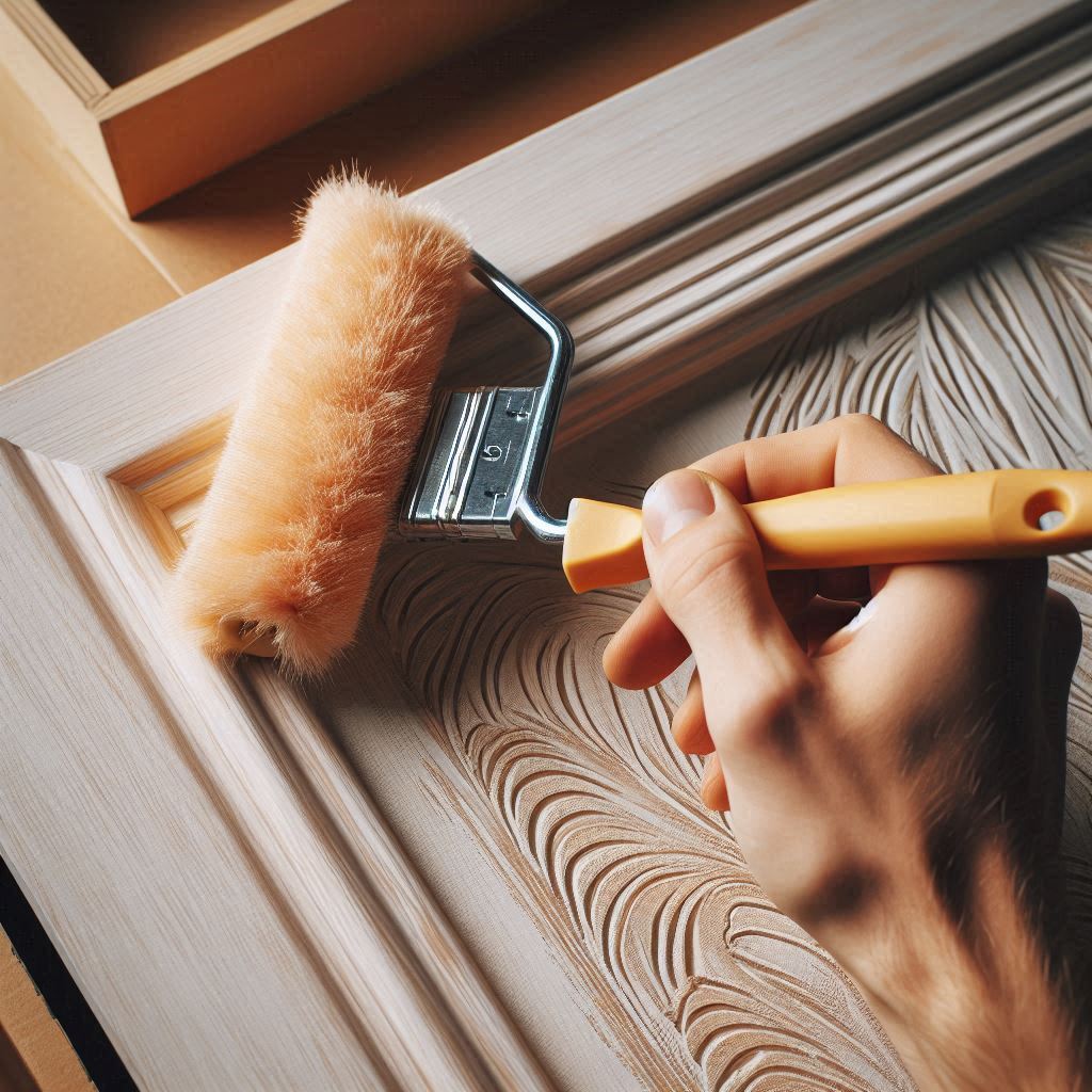 A close up of a hand using a brush or roller to apply paint to a cabinet door.