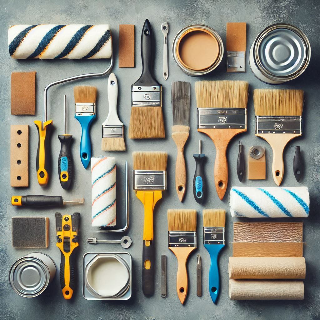 A neatly arranged flat lay of essential tools paintbrushes, rollers, sandpaper, primer, paint cans, and a screwdriver.