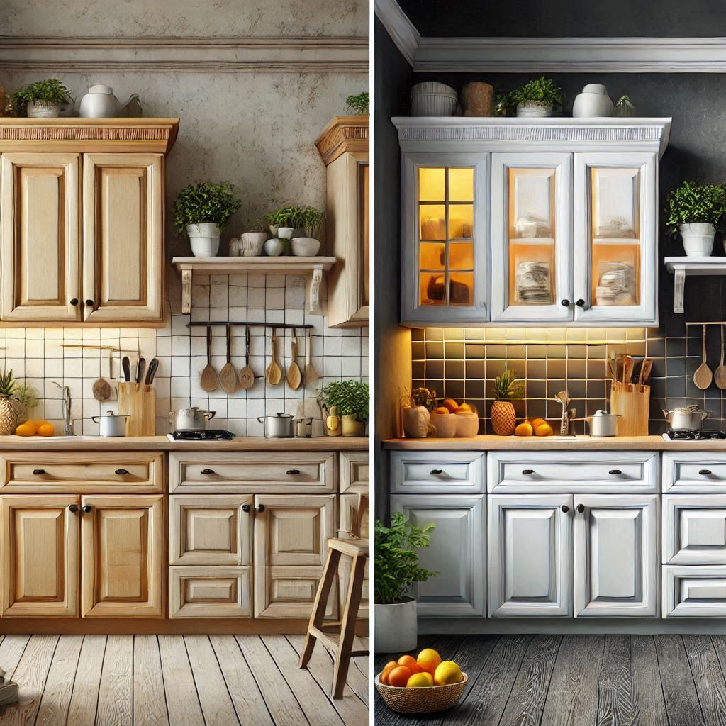 A side by side image of a DIY kitchen cabinet painting before and after painting, showcasing the dramatic makeover.