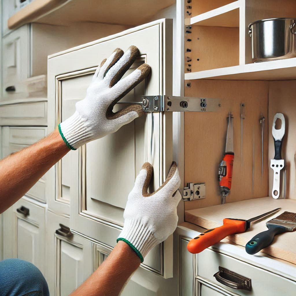 An image of someone attaching cabinet doors and hardware back to freshly painted cabinets.