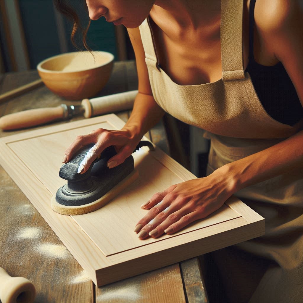 An image of someone sanding a cabinet door on a workbench, emphasizing preparation.