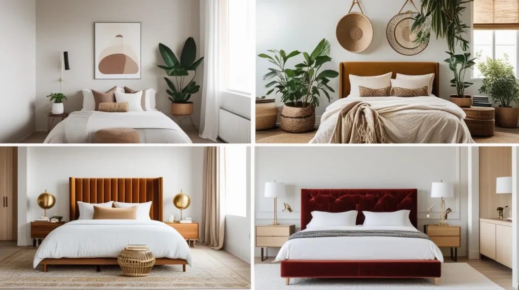 A collage of four master bedrooms styled differently modern minimal with neutral palette, boho chic with plants and rattan result A collage of four master bedroom interior designstyled differently modern minimal with neutral palette, boho chic with plants and rattan result