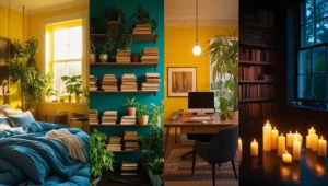 A cozy room featuring a bed, shelves of books, flickering candles, and vibrant green plants.