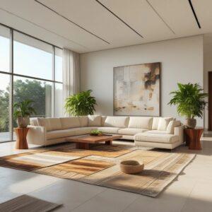 A modern living room featuring large windows and a spacious rug, showcasing contemporary house interior design.