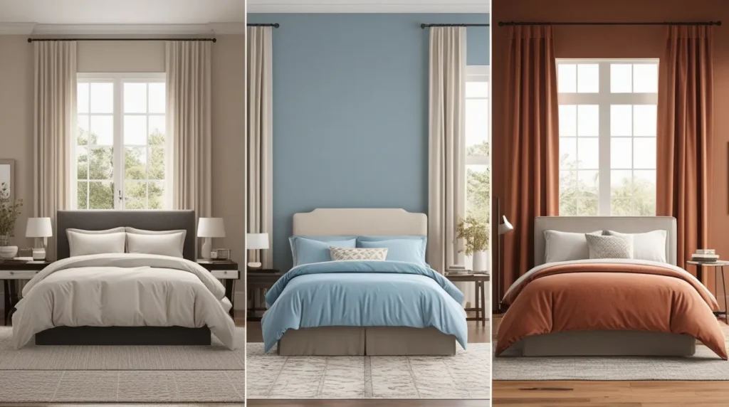 A photo realistic collage of three master bedrooms one in neutral beige and grey, one in calming soft blue tones, and one with a warm terracotta palette result A photo realistic collage of three master bedroom interior design one in neutral beige and grey, one in calming soft blue tones, and one with a warm terracotta palette result