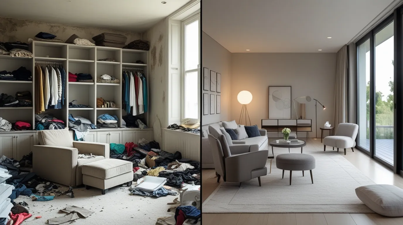 A side by side beforeafter transformation (cluttered room vs. updated modern design). result A side by side beforeafter transformation (cluttered room vs. updated modern design). result