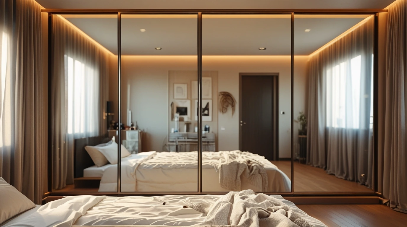 A stylish bedroom interior with a mirrored sliding wardrobe. A stylish bedroom interior with a mirrored sliding wardrobe.