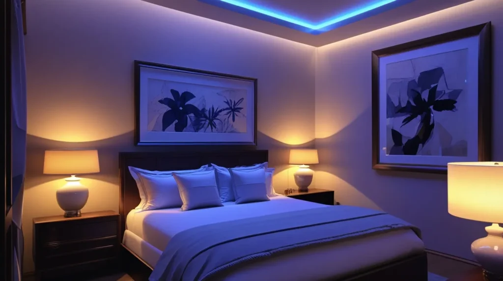 A stylish master bedroom at night showing layered lighting soft ceiling ambient light. result A stylish master bedroom interior design at night showing layered lighting soft ceiling ambient light. result