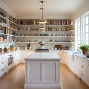 Bright kitchen with ample shelving and a central island, highlighting stylish house interior design elements.