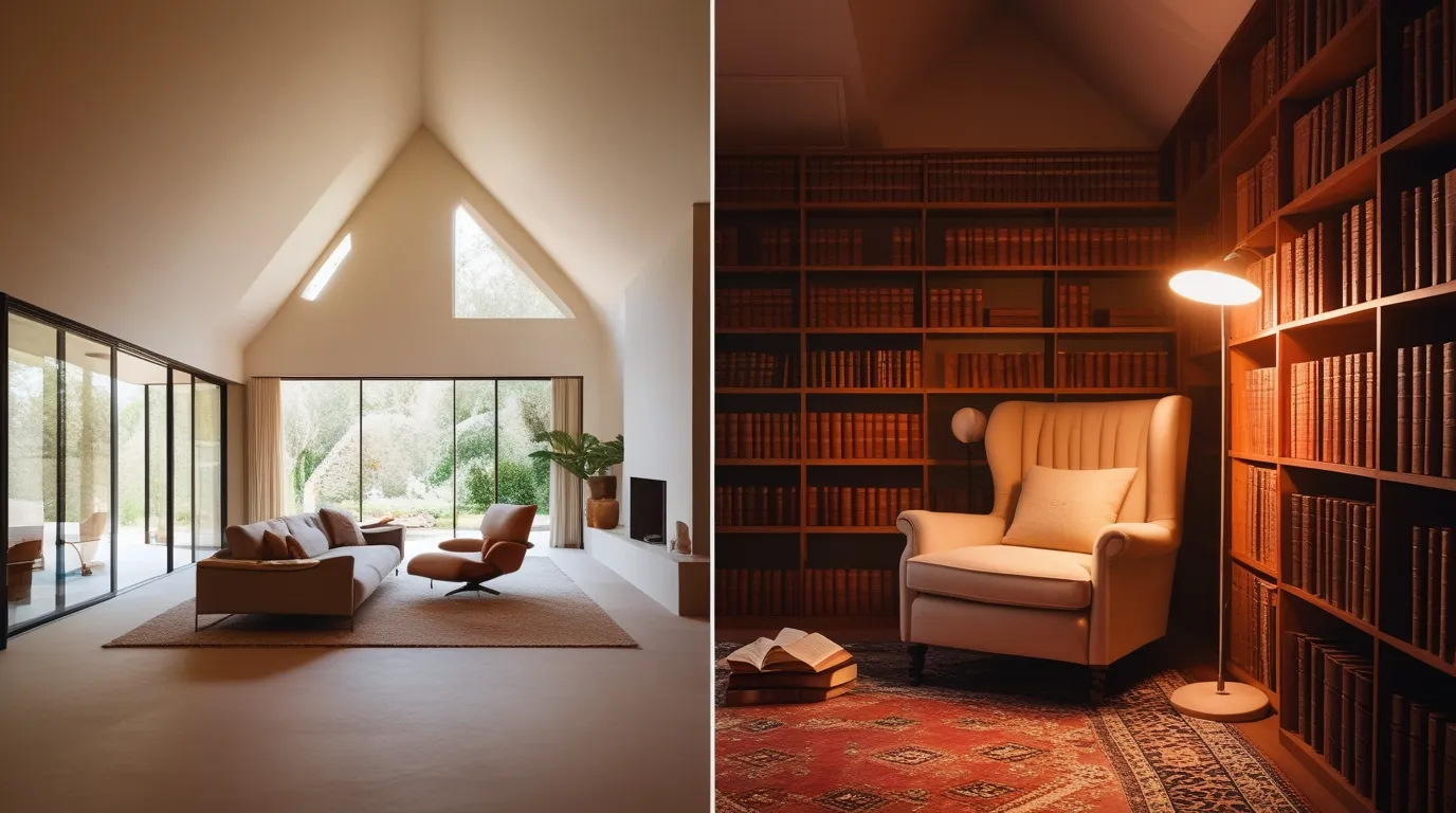 Side by side images one showing an open concept living room, another showing a cozy reading corner result Side by side images one showing an open concept living room, another showing a cozy reading corner result