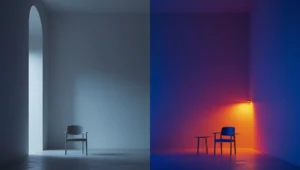 Two chairs positioned in a well lit room, with a light fixture above and a third chair nearby.