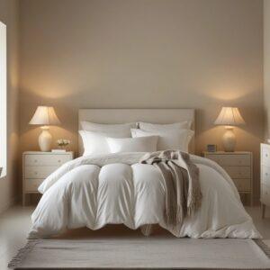 bright bedroom scene with a white bed and nightstand, reflecting a fresh and contemporary interior design aesthetic.