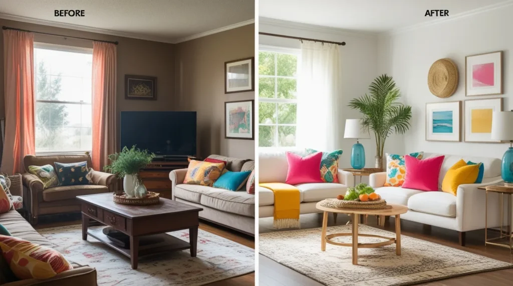 Before and after of a living room transformation result Before and after of a living room transformation result