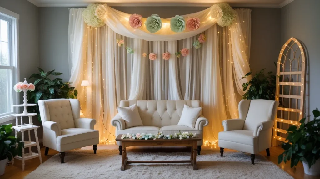 DIY wedding backdrop with fabric drapes and fairy lights for simple home interior decoration ideas. result DIY wedding backdrop with fabric drapes and fairy lights for simple home interior decoration ideas. result