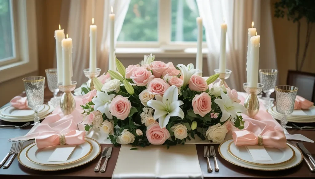 Dining table decorated for wedding at home with flowers, candles, and elegant tableware. result Dining table decorated for wedding at home with flowers, candles, and elegant tableware. result