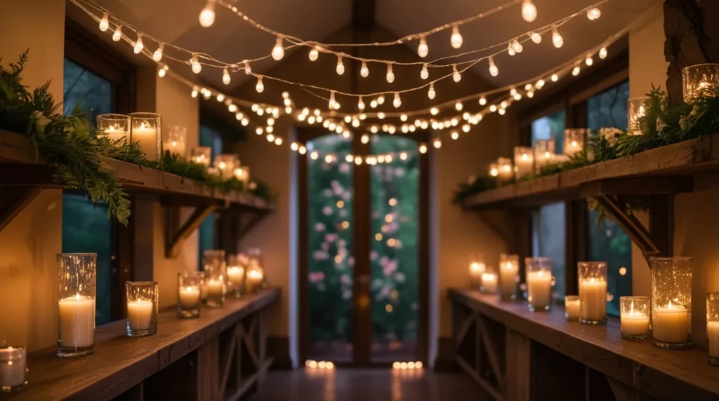 Home interior lighting setup with fairy lights and candles creating romantic wedding ambiance inside a cozy room. result Home interior lighting setup with fairy lights and candles creating romantic wedding ambiance inside a cozy room. result