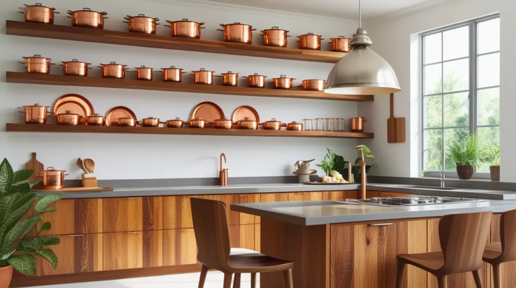Modern kitchen with open shelves, warm wooden accents, stylish lighting result Modern kitchen with open shelves, warm wooden accents, stylish lighting result