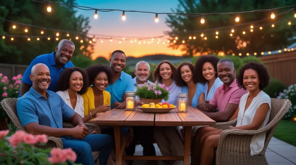 People enjoying a backyard furnished with Lowe’s Home Improvement outdoor furniture. result People enjoying a backyard furnished with Lowe’s Home Improvement outdoor furniture. result